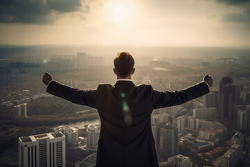 Fototapeta premium 35 year old executive man in a black suit and on his back with outstretched arms looking out over the big city from the rooftop of a skyscraper. Generative AI