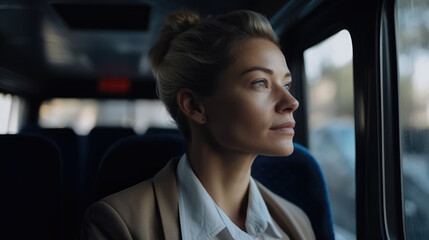 Obraz na płótnie Canvas Confident executive woman traveling sitting in a white city bus and looking at the city through the window. Generative AI