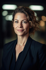 Obraz premium Portrait of confident mid aged executive woman in suit posing smiling in the lobby of his enterprise. Generative AI