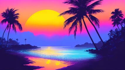 Fototapeta na wymiar Tropical island with palm trees and sunset. Colorful. Retrowave style illustration. Good for desktop wallpaper.
