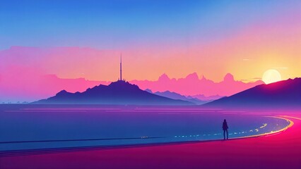 Man standing on the road to the top of the mountain and looking at the sunset. Good for desktop wallpaper. 