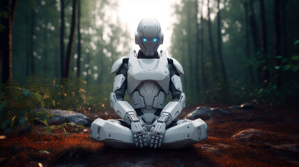  Futuristic android robot is doing yoga in nature. Generative AI