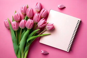 Pink tulips and a pink background with a notepad with space for text. With copy space.