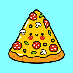 Cute funny piece of pizza. Vector hand drawn cartoon kawaii character illustration icon. Isolated on blue background. Pizza character concept