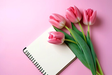 Pink tulips and a pink background with a notepad with space for text. With copy space.