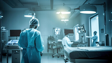 Back view of surgeon in a hospital intensive care unit. Generative AI