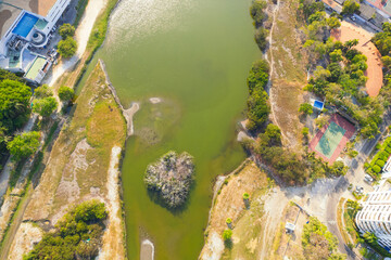 Aerial view of a lake on a sunny day