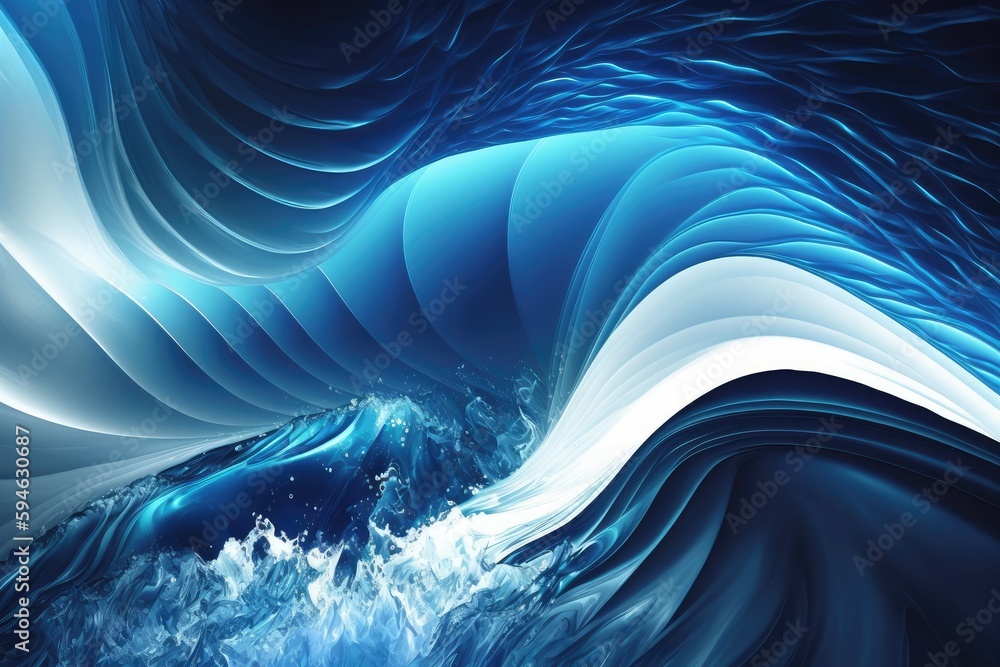 Wall mural blue abstract liquid wave background with white light shining from above, created with generative ai