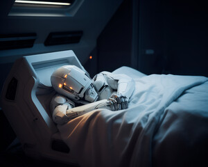 Humanoid android robot sleeping in bed in a futuristic spaceship. Generative AI