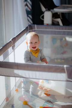 Cute laughing baby boy toddler playing in playpen, Adorable child having fun indoor, Portrait of little smiling kid standing in crib, Small toddler in playpen