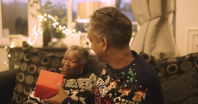 Smiling couple in Christmas sweaters at home