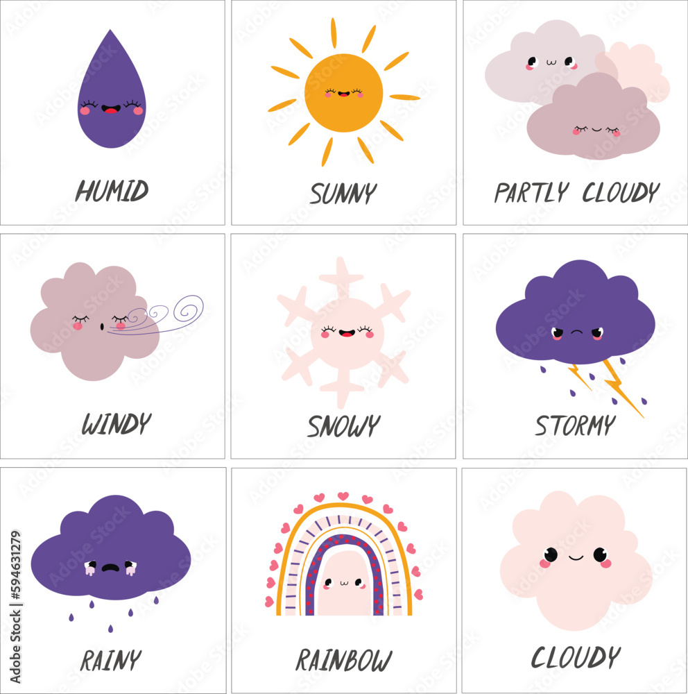 Wall mural a series of different weather icons with different weather. set of memory cards with the study of th