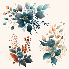 Watercolor floral elements set ilustration, collection of teal, beige and orange flowers and plants, bouquets, for wedding invitations, stationary, greetings cards - 594631269