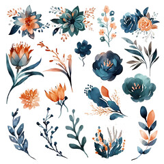 Watercolor floral elements set ilustration, collection of teal, beige and orange flowers and plants, bouquets, for wedding invitations, stationary, greetings cards - 594631292