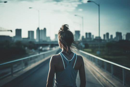 Beautiful young woman athlete running in the city, Generative ai