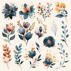 Watercolor floral elements set ilustration, collection of teal, beige and orange flowers and plants, bouquets, for wedding invitations, stationary, greetings cards - 594631410