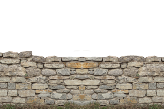 Ancient old stone brick wall, isolated on transparent background.