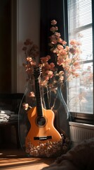 a beautiful guitar with flower decoration