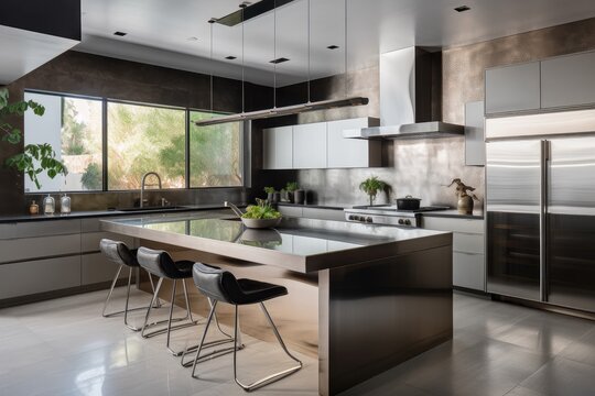 a sleek, modern kitchen with stainless steel counters and a glass backsplash, created with generative ai