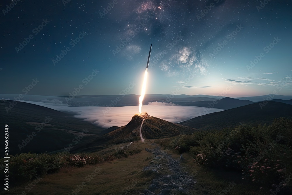 Sticker rocket launch, with view of earth and the stars in the background, created with generative ai