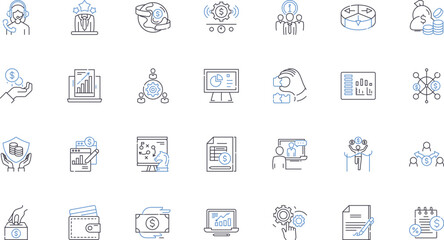 Economic coaching line icons collection. Budgeting, Saving, Investments, Wealth, Finances, Education, Debt vector and linear illustration. Cashflow,Retirement,Planning outline signs set