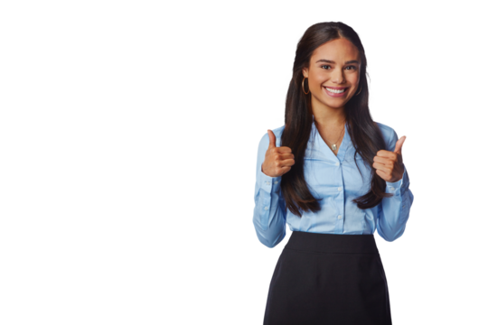 Portrait, happiness and business woman with thumbs up isolated on a transparent png background. Hand gesture, smile and female entrepreneur with like emoji, ok or success, excellence and agreement.
