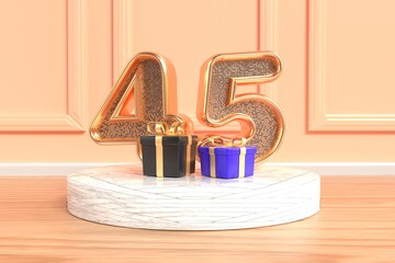 Fototapeta na wymiar Luxurious birthday banner number 45 gold designs with golden accents and gift motifs