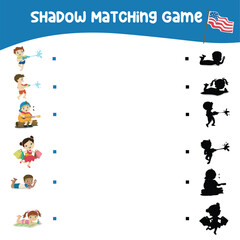Find the correct shadow of cute kids spending their summer holiday. Matching shadow game for children with summer holiday theme. Worksheet for kid. Educational printable worksheet. Vector illustration