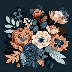 Watercolor floral elements set ilustration, collection of flowers and plants in dark blue and beige color tones, elegant design, bouquets, for wedding invitations, stationary, greetings cards