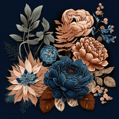 Watercolor floral elements set ilustration, collection of flowers and plants in dark blue and beige color tones, elegant design, bouquets, for wedding invitations, stationary, greetings cards