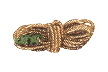 Hand drawn climbing rope and knots. watercolor illustration. mountaineering rope isolated on white background.