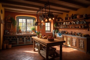 Fototapeta na wymiar A Kitchen With A Table And A Window In It's Center Rustic Farm Interior Ceramics Cuisine Generative AI