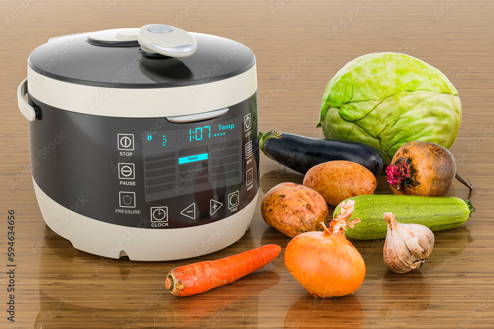 Aufkleber automatic multicooker with vegetables. 3d rendering