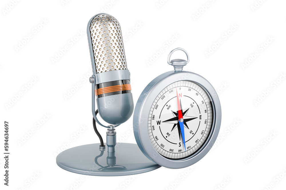 Poster microphone with compass, 3d rendering