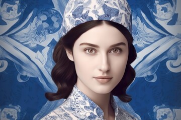 Beautiful jewish girl on blue and white patterned background for Jewish American Heritage Month (JAHM) , created with generative ai