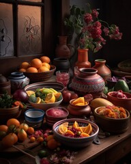 Obraz na płótnie Canvas A Table Topped With Bowls Of Fruit And Vases Of Flowers Kitchen Food Photography Food Photography Generative AI