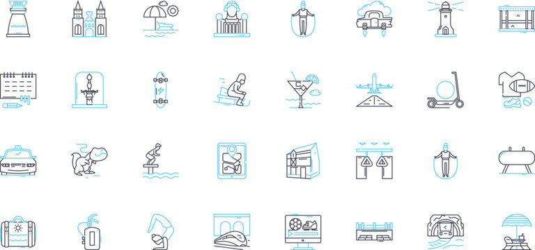 Open-air pastimes linear icons set. Picnicking, Hiking, Cycling, Camping, Fishing, Boating, Swimming line vector and concept signs. Sunbathing,Gardening,Birdwatching outline illustrations