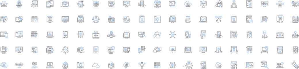 Apparatus line icons collection. Device, Equipment, Machine, Gadget, Instrument, Contraption, Mechanism vector and linear illustration. System,Tool,Appliance outline signs set