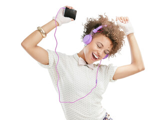 Mobile, dance or happy girl in headphones for music, radio or audio isolated on transparent png background. Fashion, freedom or excited Brazilian woman listening or streaming online song or dancing