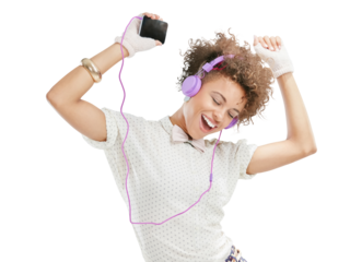 Mobile, dance or happy girl in headphones for music, radio or audio isolated on transparent png background. Fashion, freedom or excited Brazilian woman listening or streaming online song or dancing