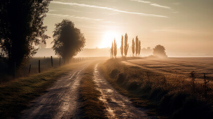 Tuscan countryside during sunrise, with a focus on the road and morning mist.