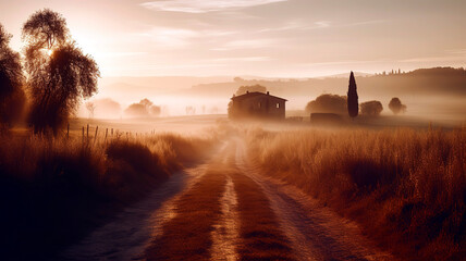 Tuscan countryside during sunrise, with a focus on the road and morning mist.