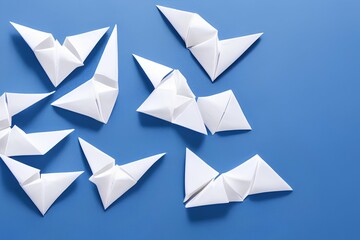 Creative image of white origami ships placed behind the blue paper ship in the light background - generative ai