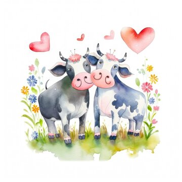 Watercolor painting of a couple of cows in love in nature with flowers kids style Generative AI Illustration