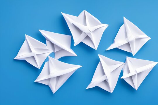 Creative image of white origami ships placed behind the blue paper ship in the light background - generative ai