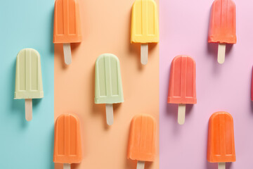 Variety of colourful popsicle ice cream sticks on striped background, flat lay top view. Minimalistic summer concept. Generative AI