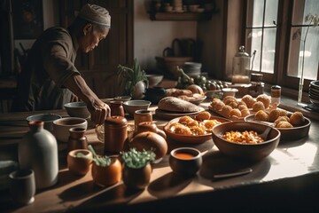 Fototapeta na wymiar A Man Is Preparing Food In A Kitchen With A Lot Of Bowls Kitchen Food Photography Food Writing Generative AI