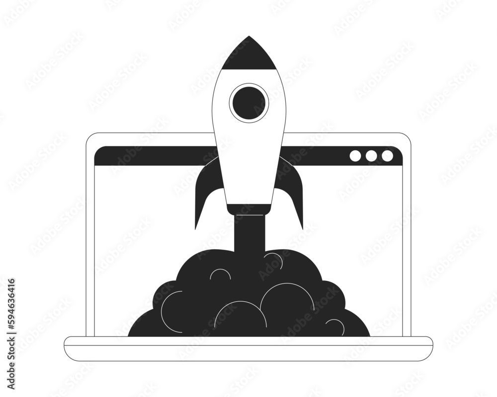 Poster launch e-commerce business bw concept vector spot illustration. rocket in laptop 2d cartoon flat lin