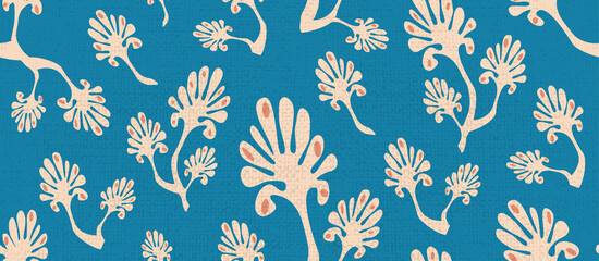 Hand-drawn minimalistic seamless pattern of organic flowers, leaves. Collage with a modern print. abstract figures. Fashionable template for print, paper, design.  modern art illustration.