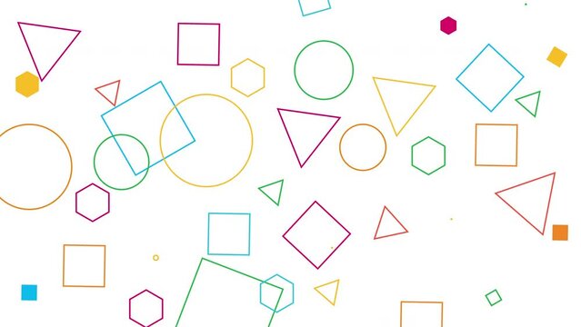 Abstract colorful geometric shapes background loop isolated on white. Geometry shapes: square, triangle, circle, hexagon.